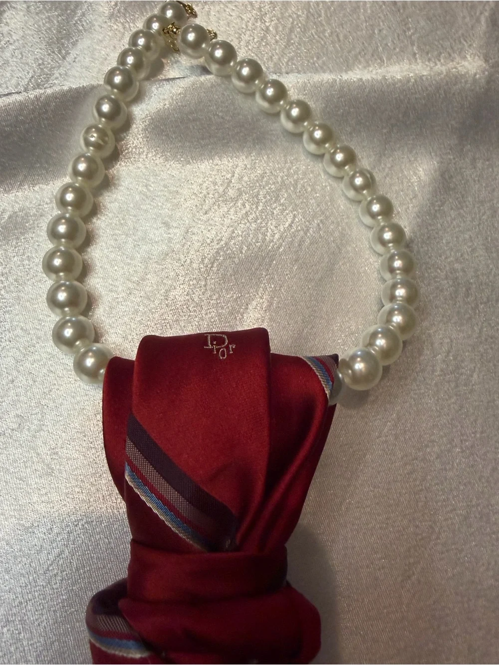 Dior Red Striped Silk Scarf Tie with Pearl Accents